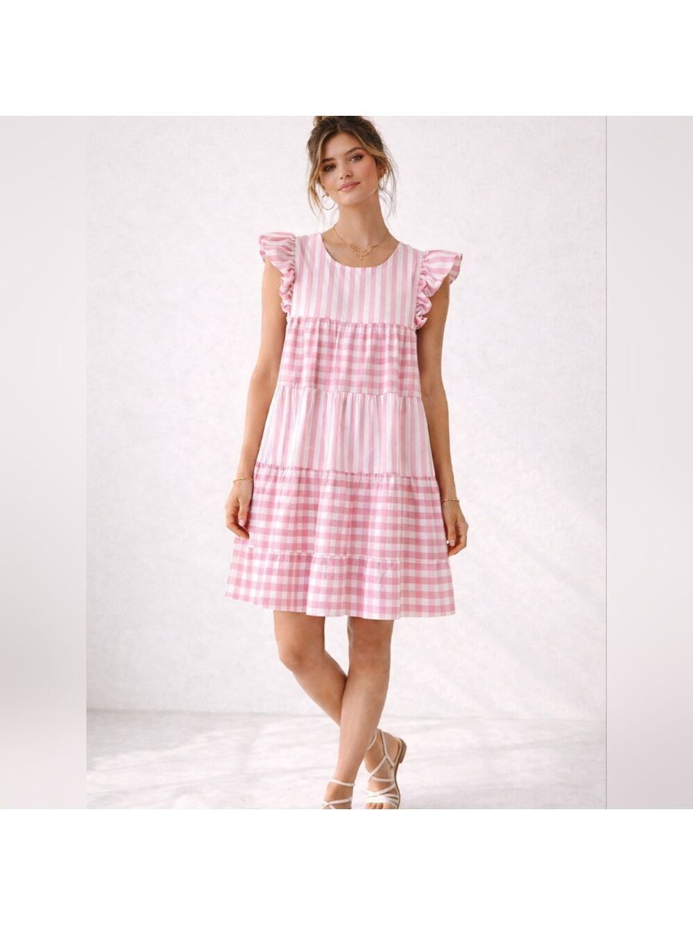 Entro Pink Mixed Stripe Gingham Tiered Flutter Sleeve Dress Small Romantic